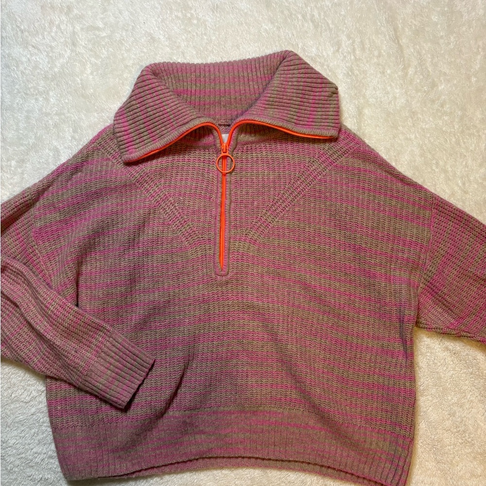 Aerie Pink and Tan Knit  Quarter Zip Collared Sweater